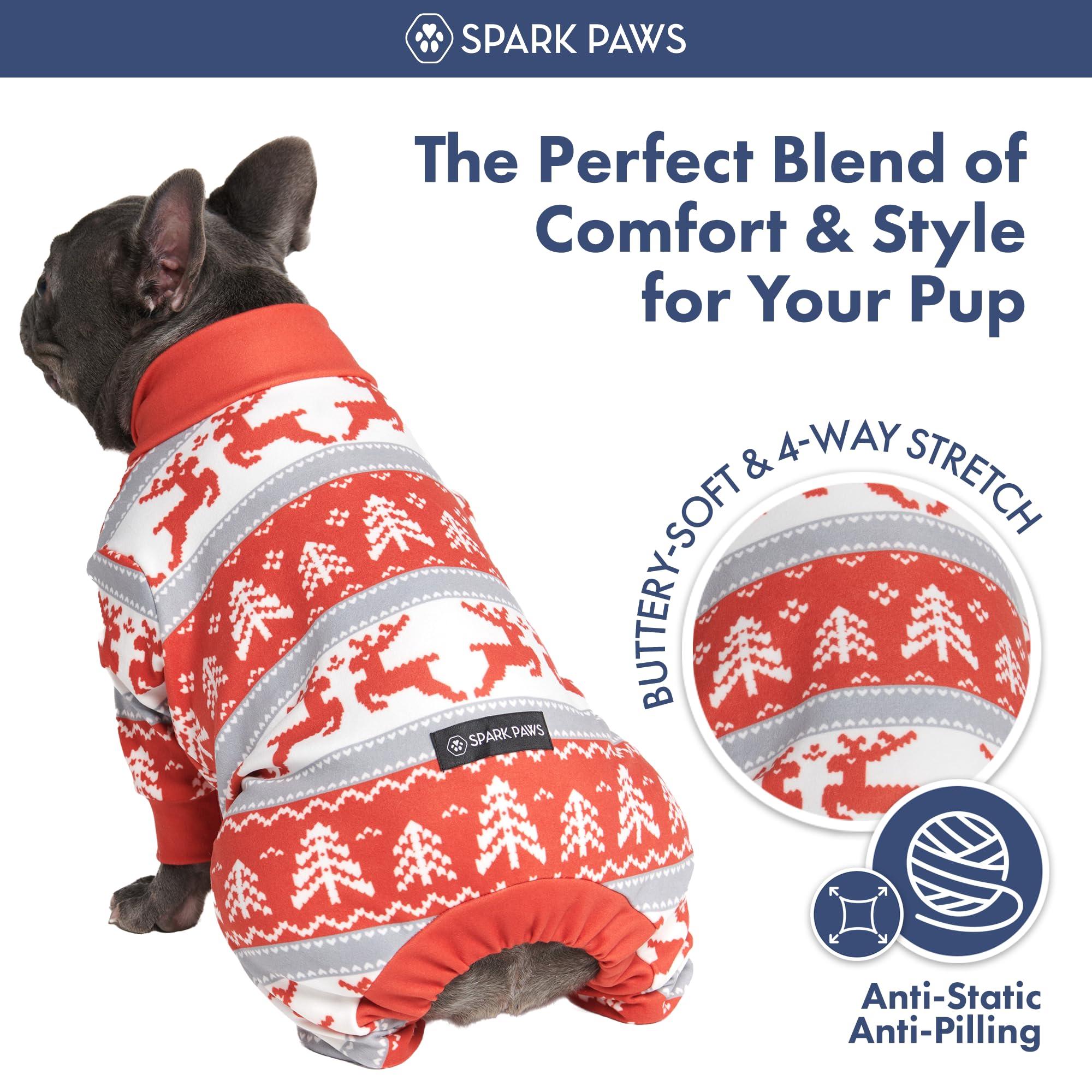 Spark Paws Christmas dog pajamas showing long sleeves and full-leg coverage.
