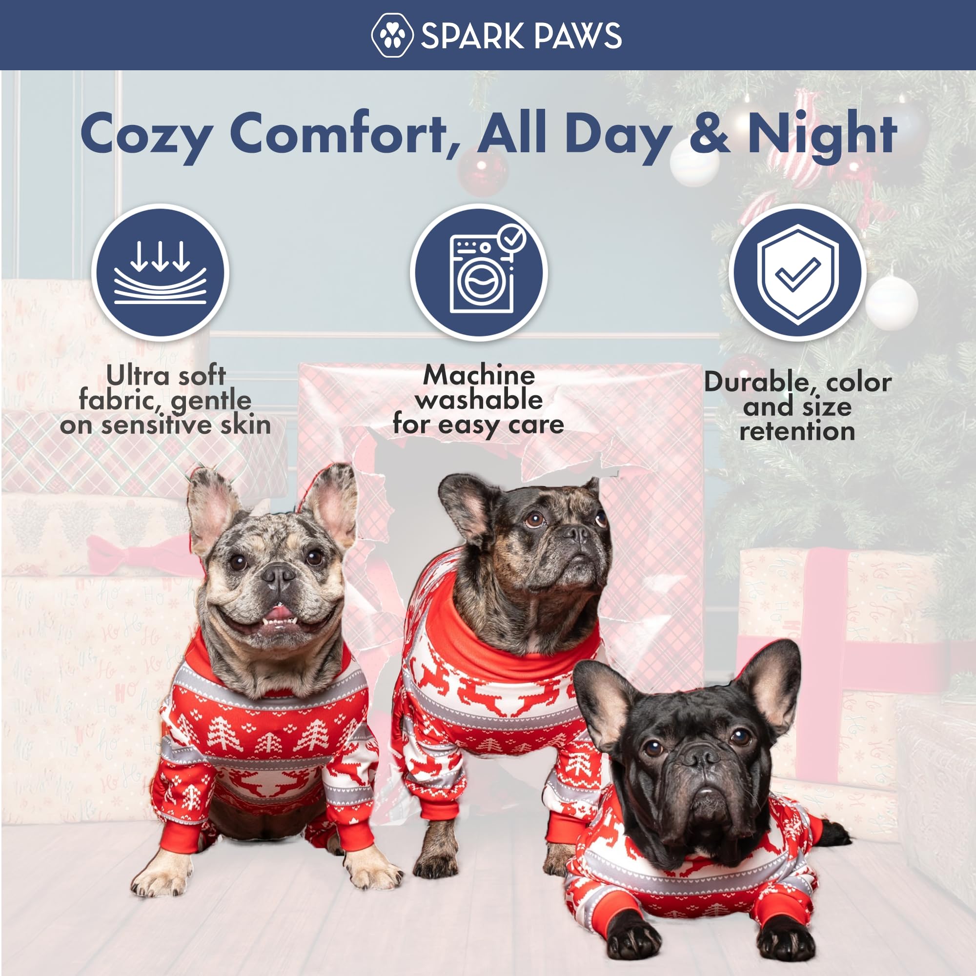 Spark Paws Christmas dog pajamas with a view of the round neck and pull-on design.