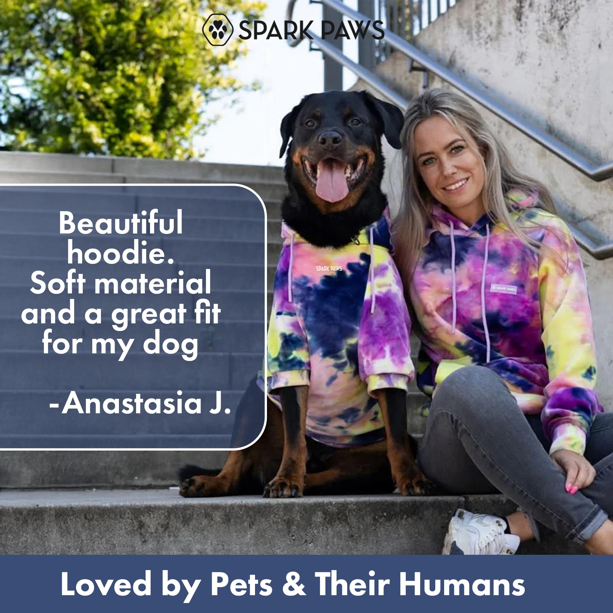 Spark Paws dog hoodie shown on a broad-chested dog.