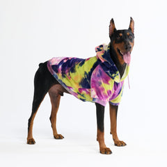 Spark Paws dog hoodie shown from the front with its hood and pull-on shape.