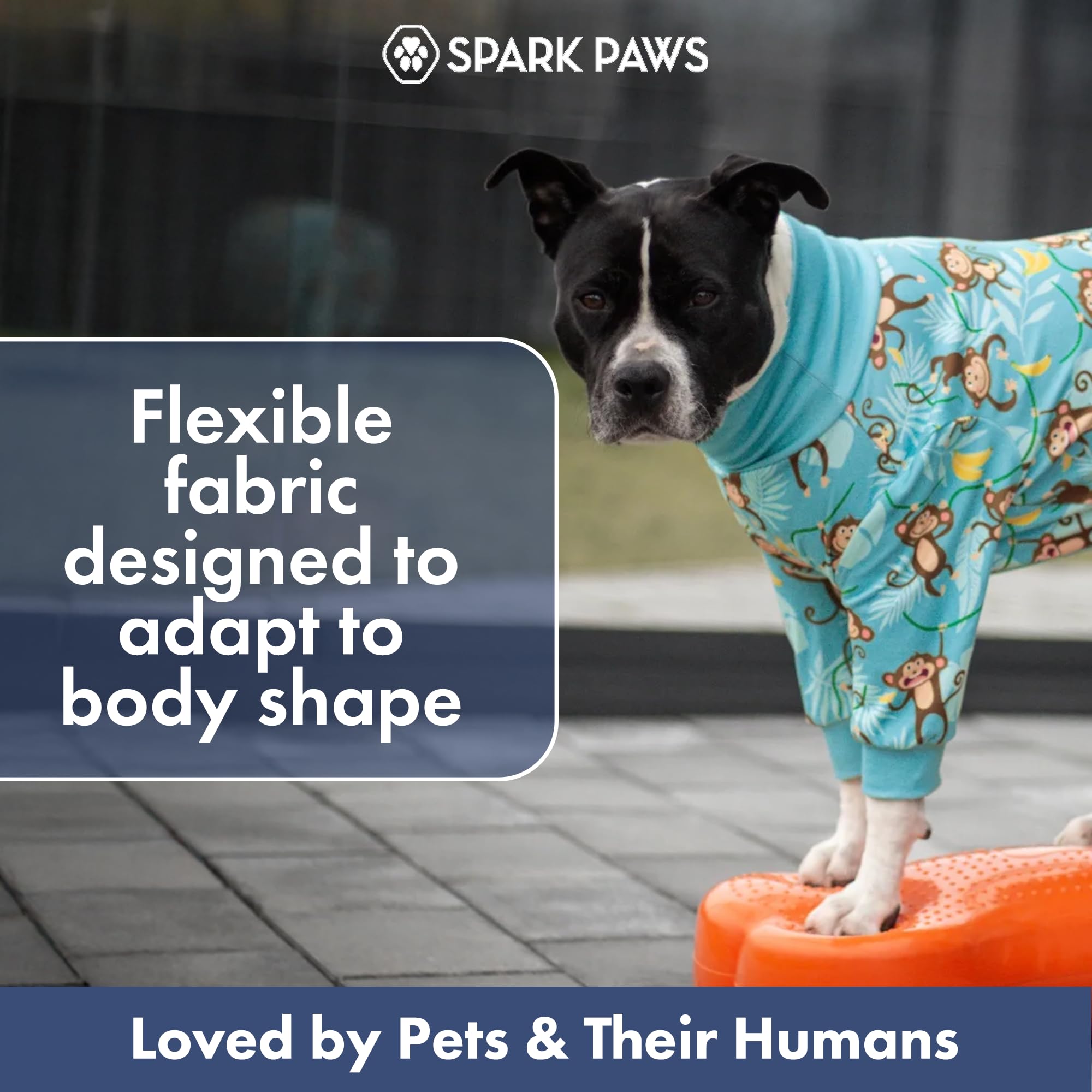 Spark Paws dog pajamas showing the long sleeves and full-length legs.