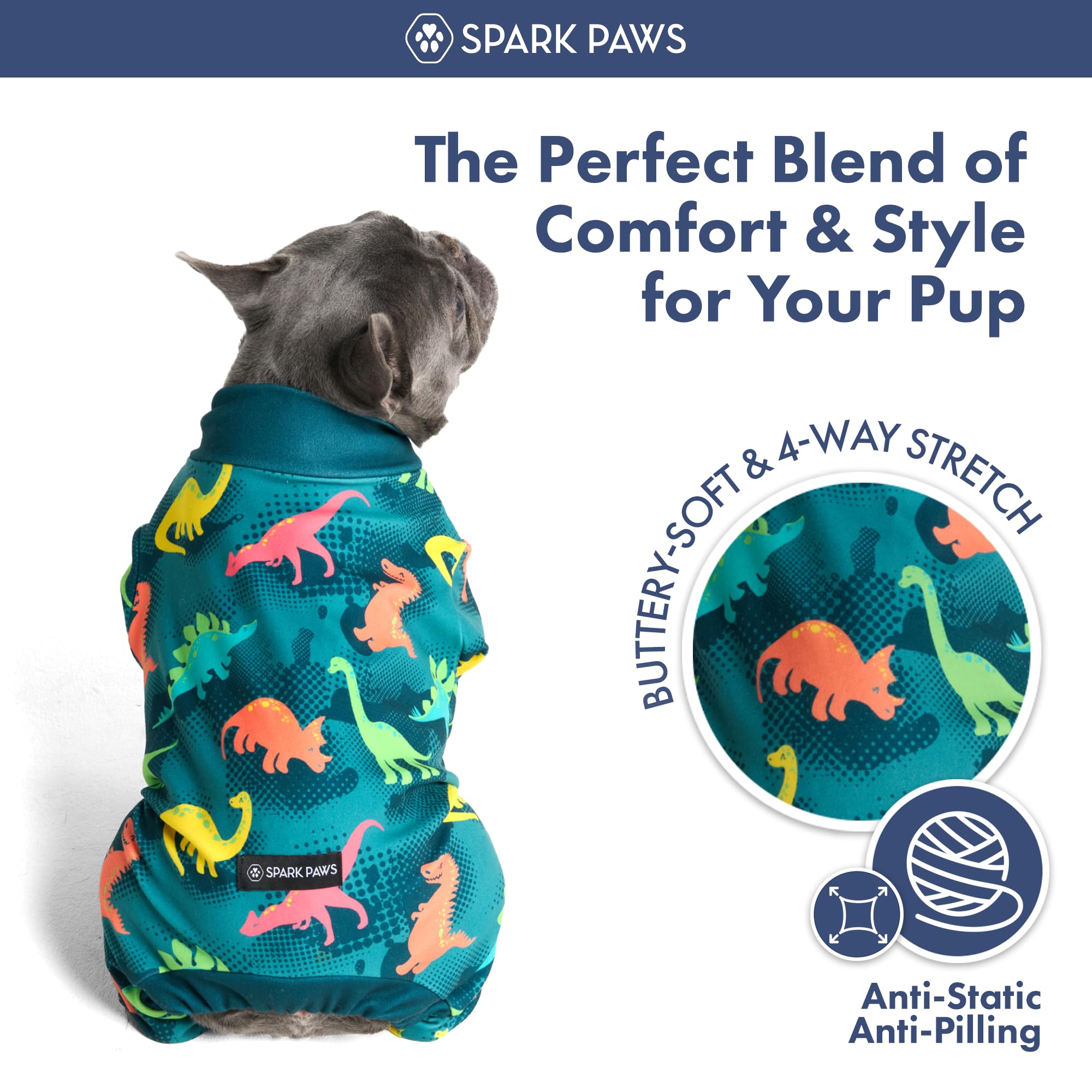 Spark Paws dog pajamas showing the long sleeves and full-leg coverage.
