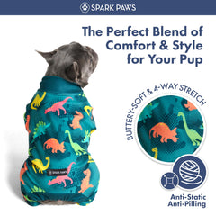 Spark Paws dog pajamas showing the long sleeves and full-leg coverage.