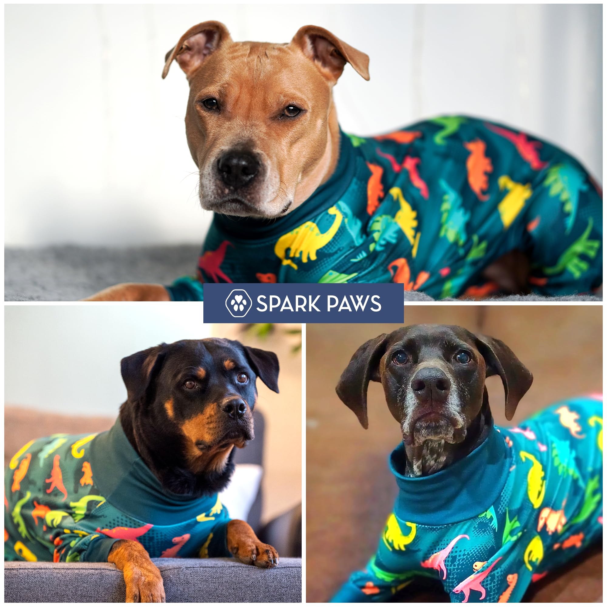 Spark Paws dog pajamas worn by a dog for lounging or sleep.