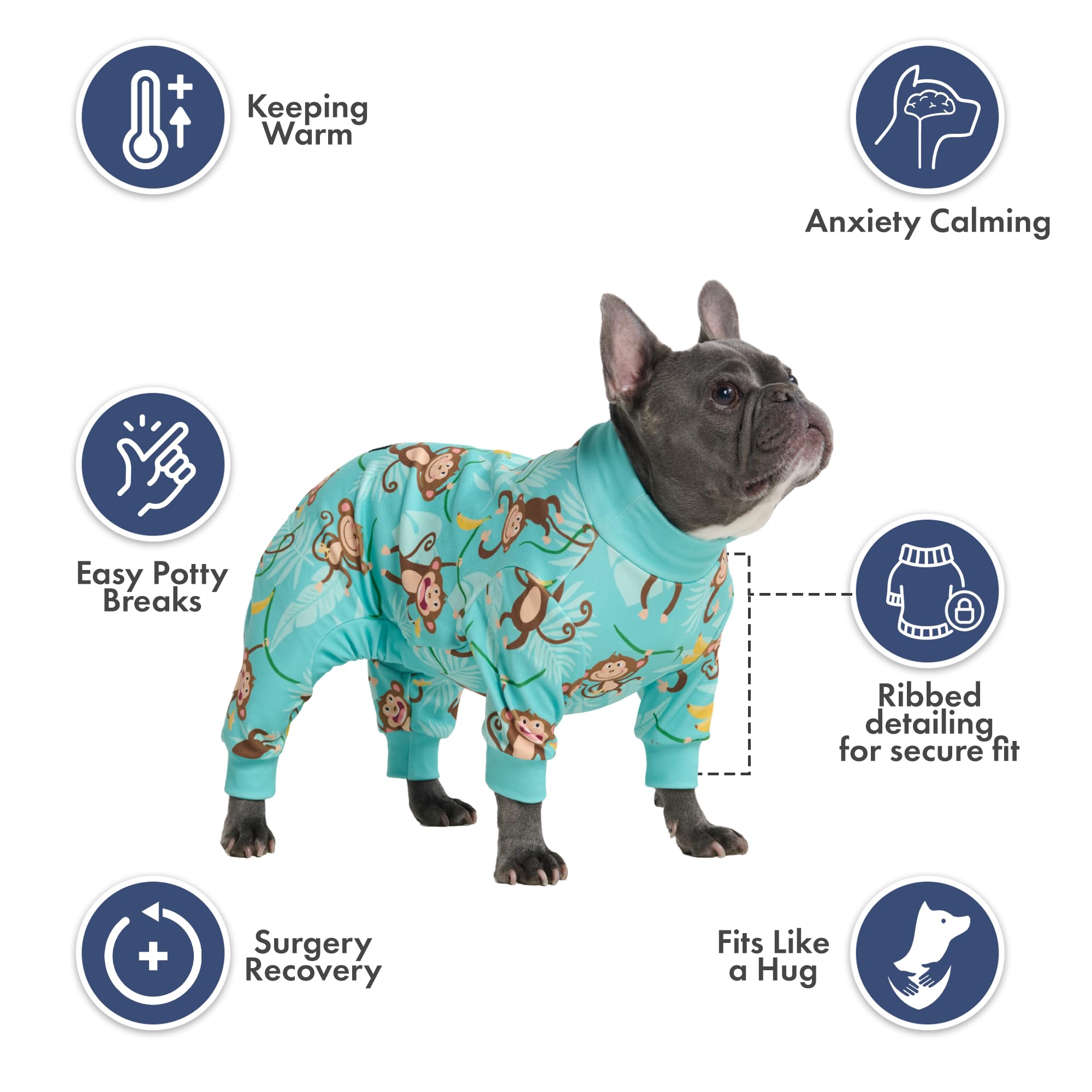 Spark Paws dog pajamas showing the deep rear V cut for potty breaks.