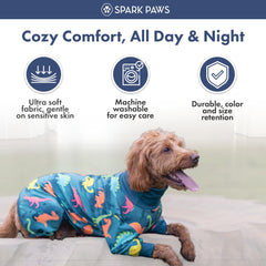 Spark Paws dog pajamas showing the deep V cut at the rear for potty breaks.