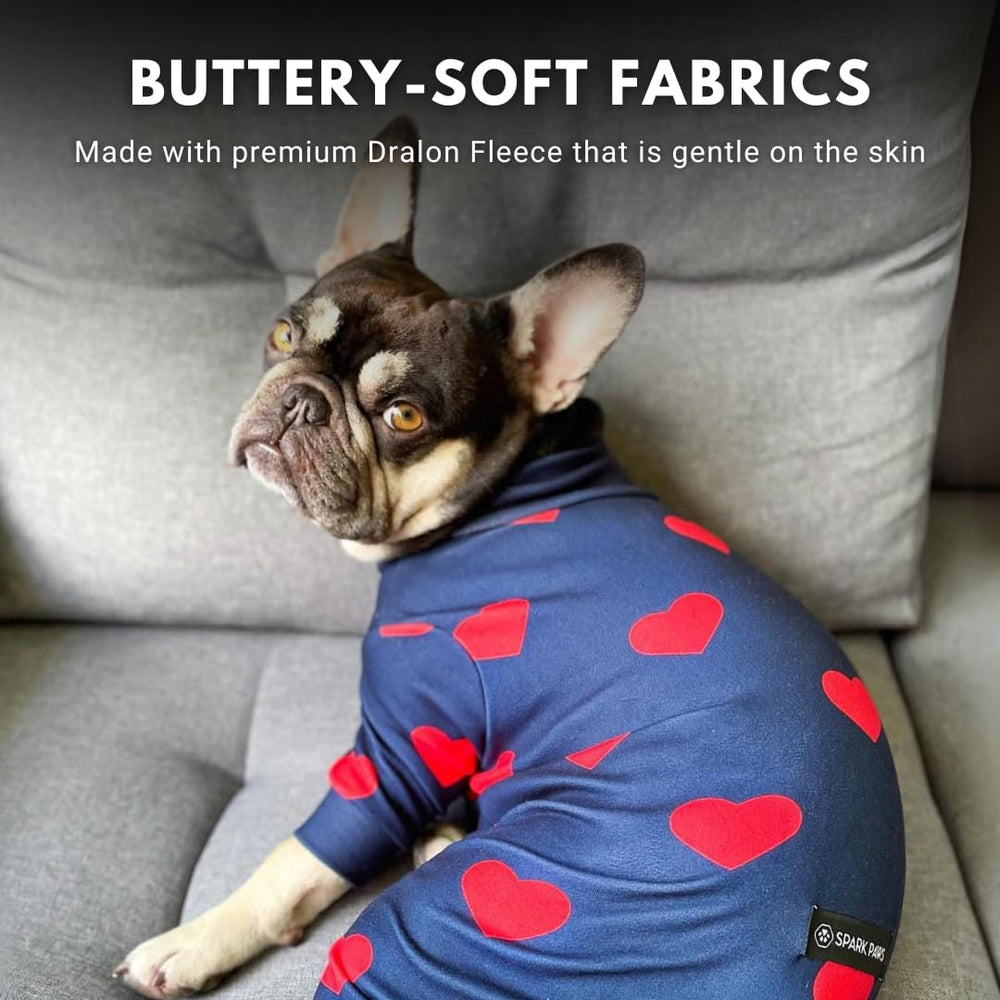 Spark Paws dog pajamas shown from behind, highlighting the deep V rear opening.