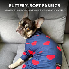 Spark Paws dog pajamas shown from behind, highlighting the deep V rear opening.