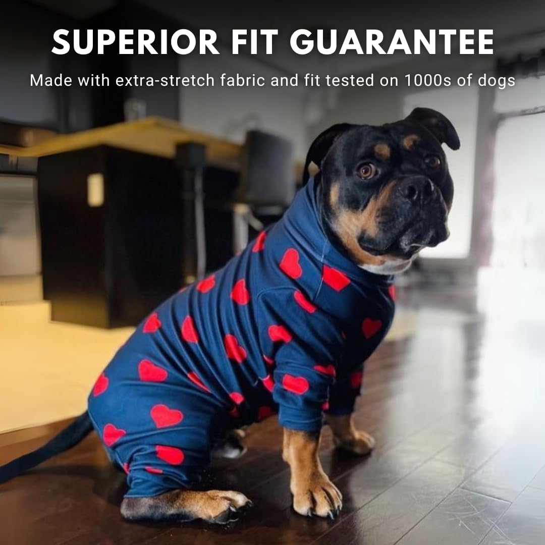 Spark Paws dog pajamas close-up showing the round neck and pull-on design.