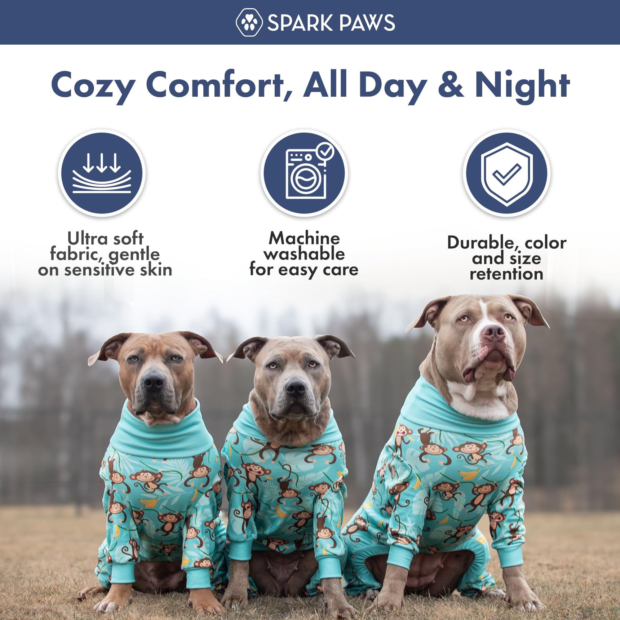 Spark Paws dog pajamas showing the round neck and pull-on design.