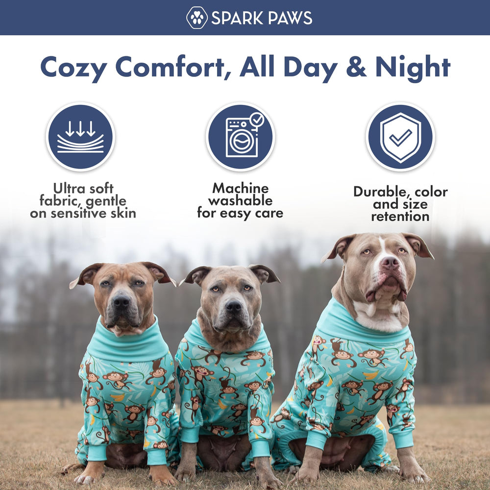 Spark Paws dog pajamas showing the round neck and pull-on design.