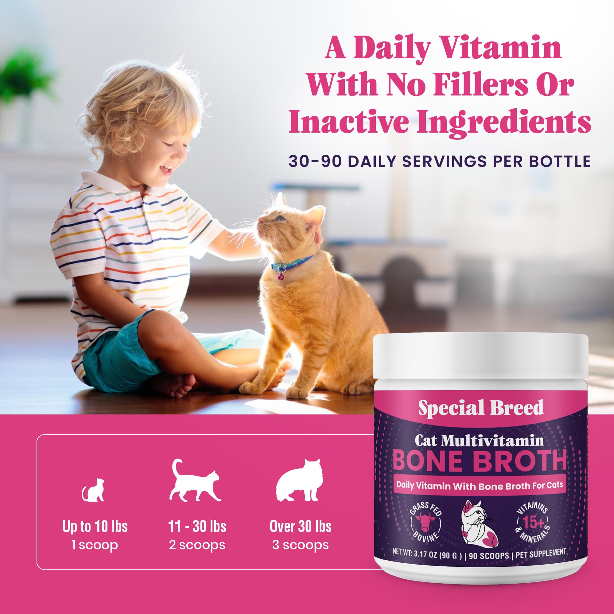 Vitamin and functional ingredient details for Special Breed Cat Multivitamin.