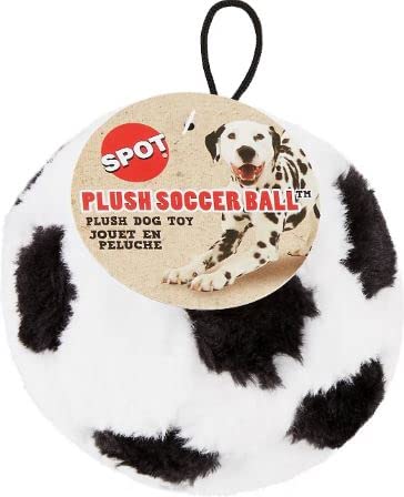 SPOT Plush Soccer Ball Dog Toy close-up showing its squeaker feature.