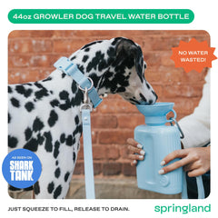Springland Pets dog water bottle with its built-in drinking bowl.