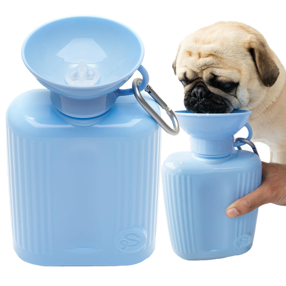 Springland Pets dog water bottle shown from the front in blue.