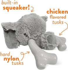Spunky Pup Knucklehead dog toy showing the double-stitched plush elephant detail.