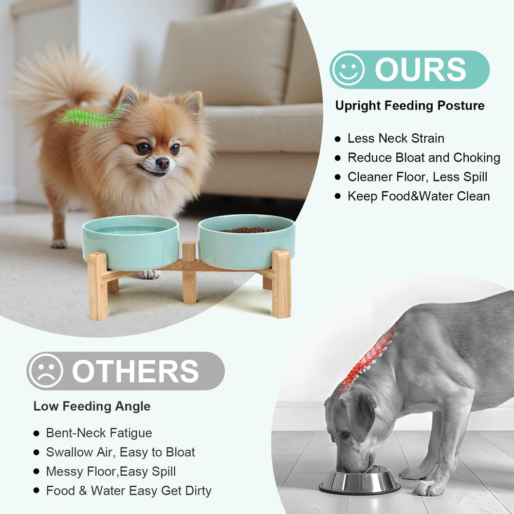 SPUNKYJUNKY elevated dog bowls showing the bamboo stand with two height settings.