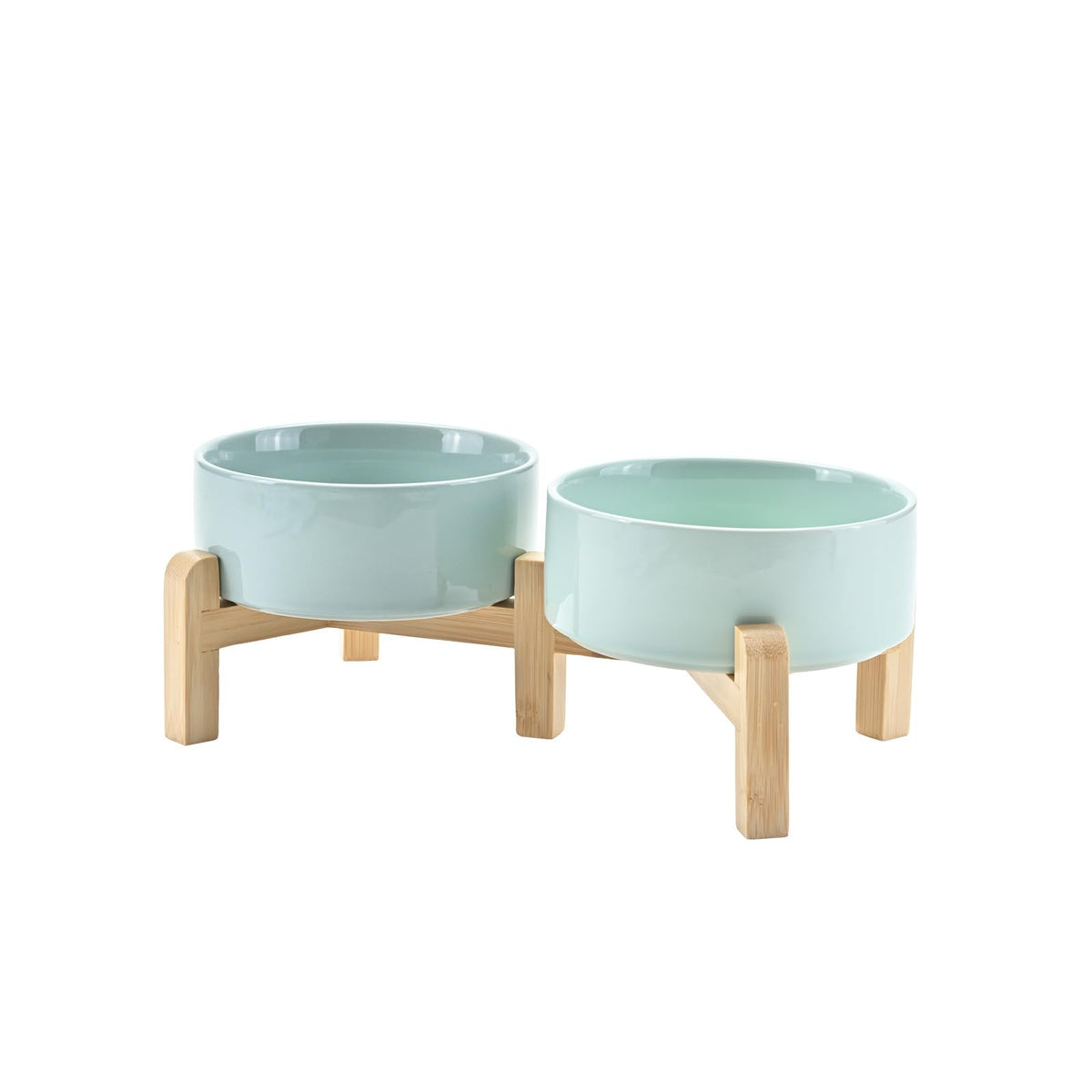 SPUNKYJUNKY elevated dog bowls shown from the front with a ceramic bowl and bamboo stand.