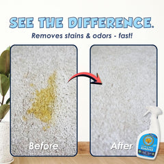 STAIN FU Pet Stain & Odor Remover bottle label highlighting product details.
