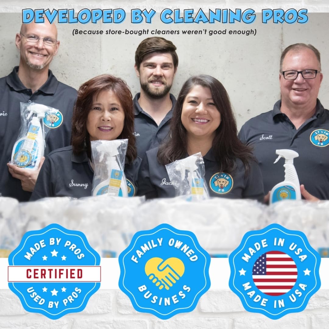 STAIN FU Pet Stain & Odor Remover shown for rug stain cleanup.