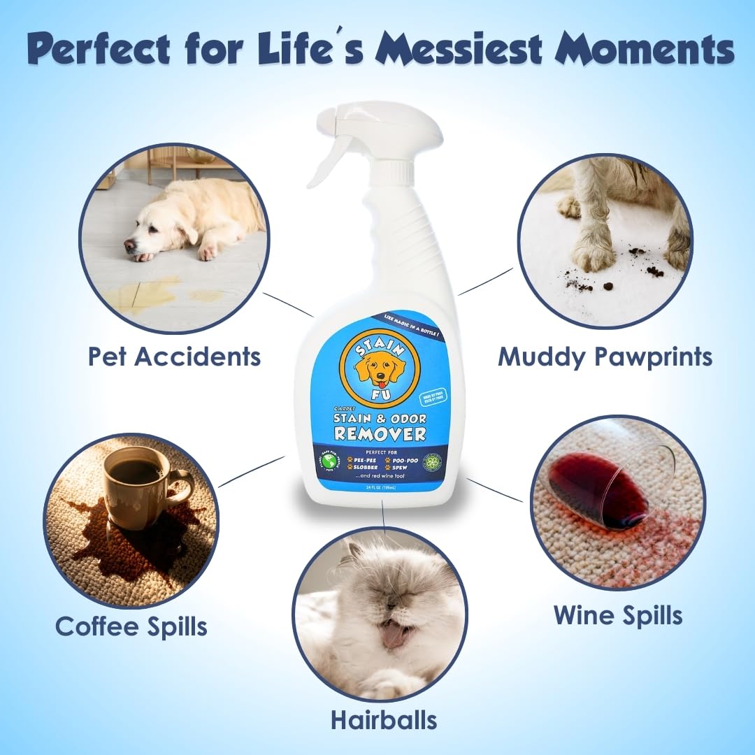 STAIN FU Pet Stain & Odor Remover shown for cleaning a stone surface.