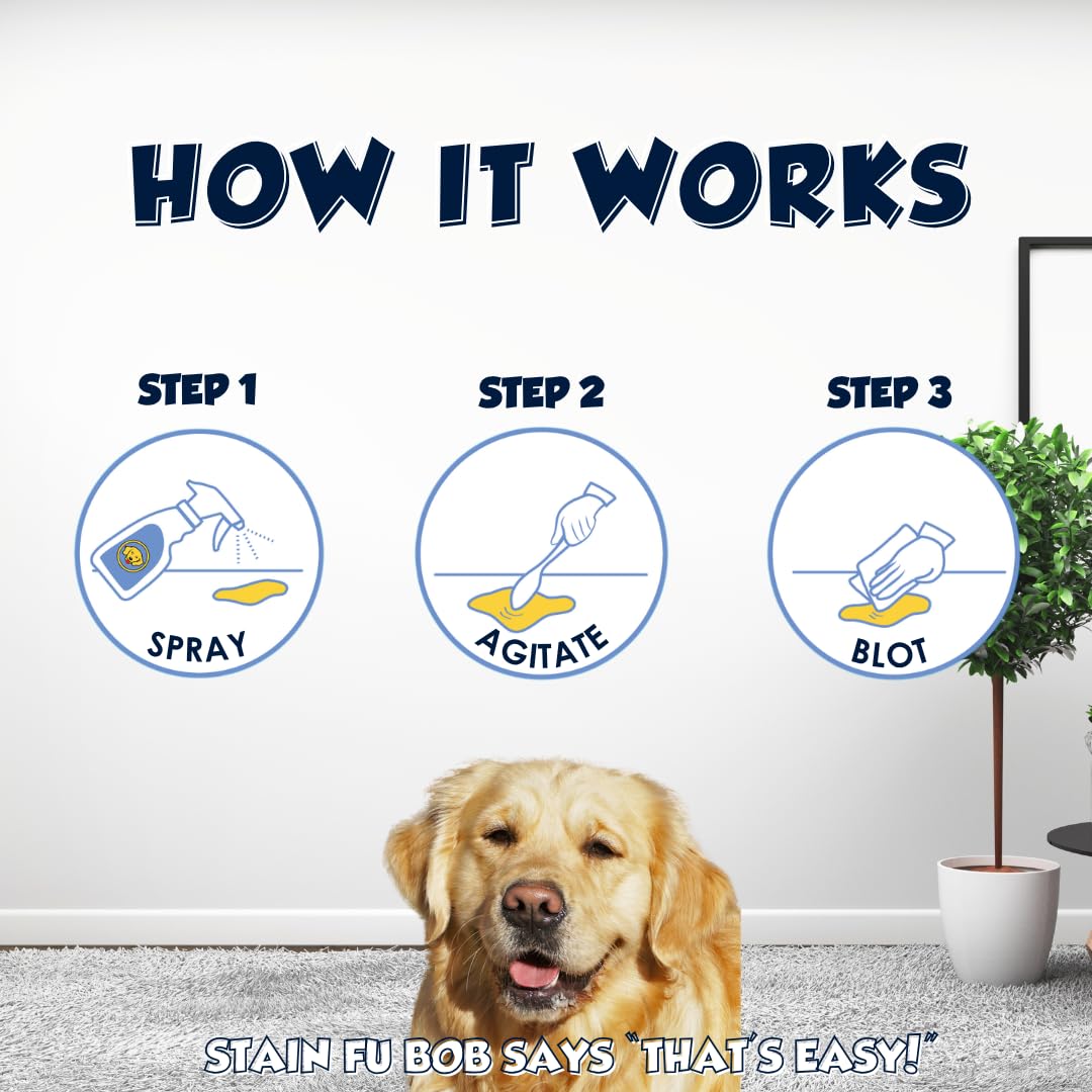 STAIN FU Pet Stain & Odor Remover shown for upholstery cleaning.