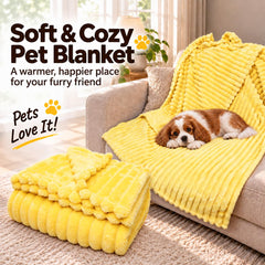Close view of the plush fabric on the Stlemiko Yellow Dog Blanket.