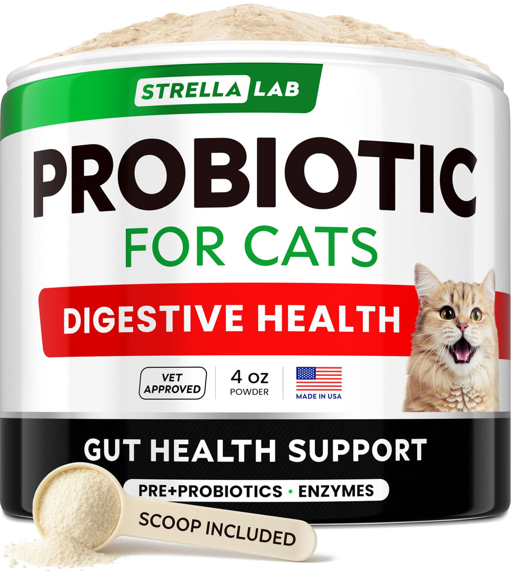 STRELLALAB Cat Probiotic Powder shown in its 4 oz jar.