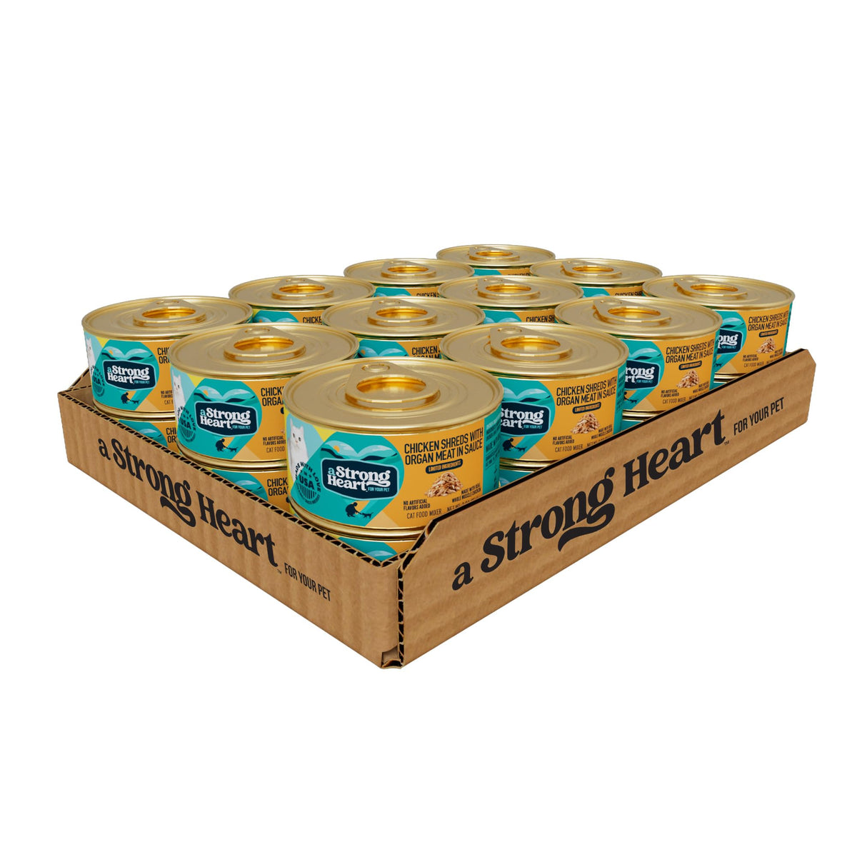 Strongheart Chicken Shreds cat topper can shown from the front.