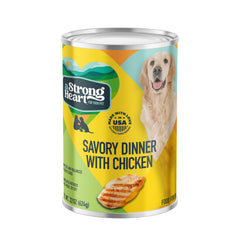 Strongheart Savory Chicken Dinner dog food can shown at an angle.