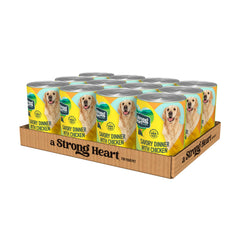Strongheart Savory Chicken Dinner dog food can shown from the front.