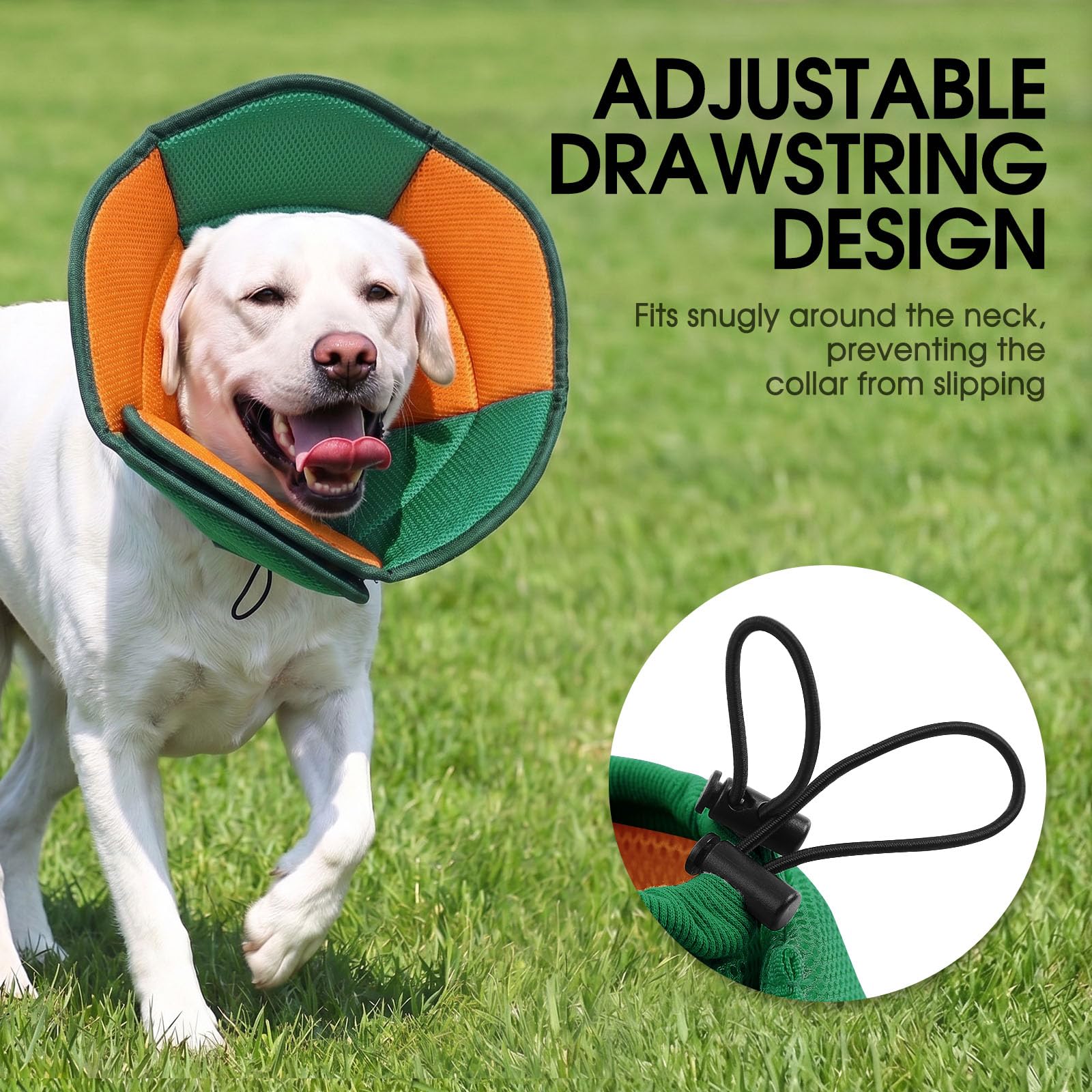 SUNFURA soft dog cone highlighting its adjustable drawstring.