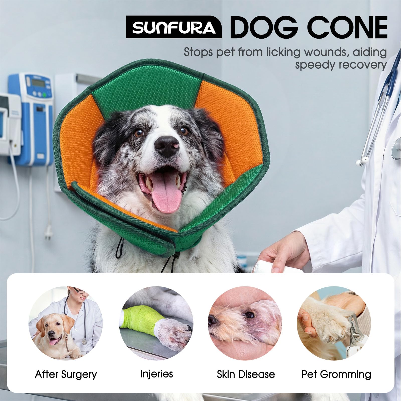 SUNFURA soft dog cone with its breathable mesh fabric in close view.