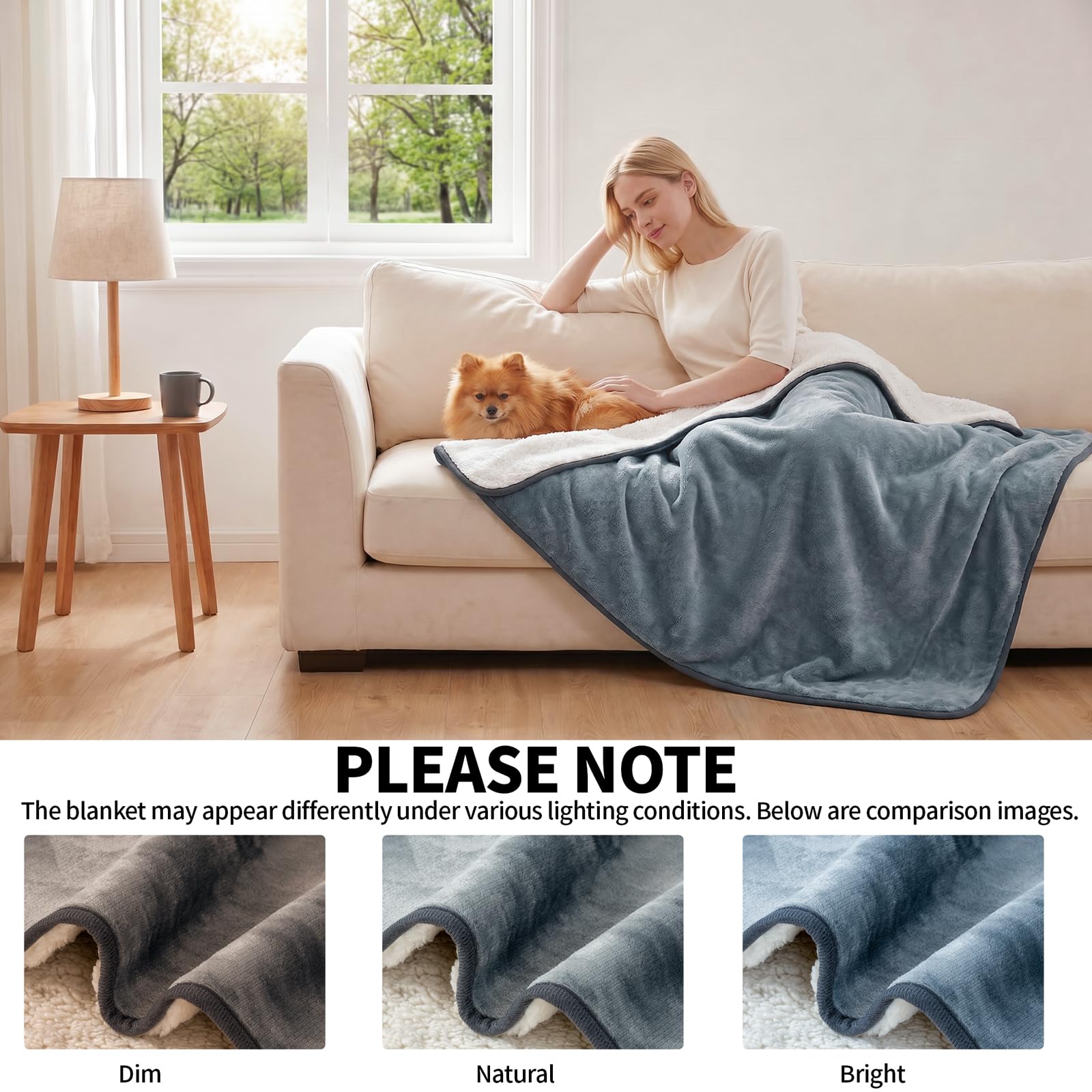 Sunheir reversible pet blanket showing its Sherpa and flannel fleece sides.