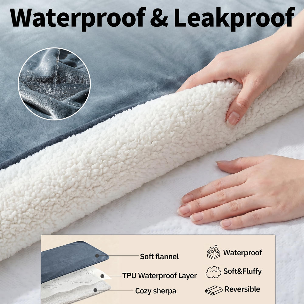 Sunheir waterproof pet blanket with a close view of its Sherpa fleece texture.