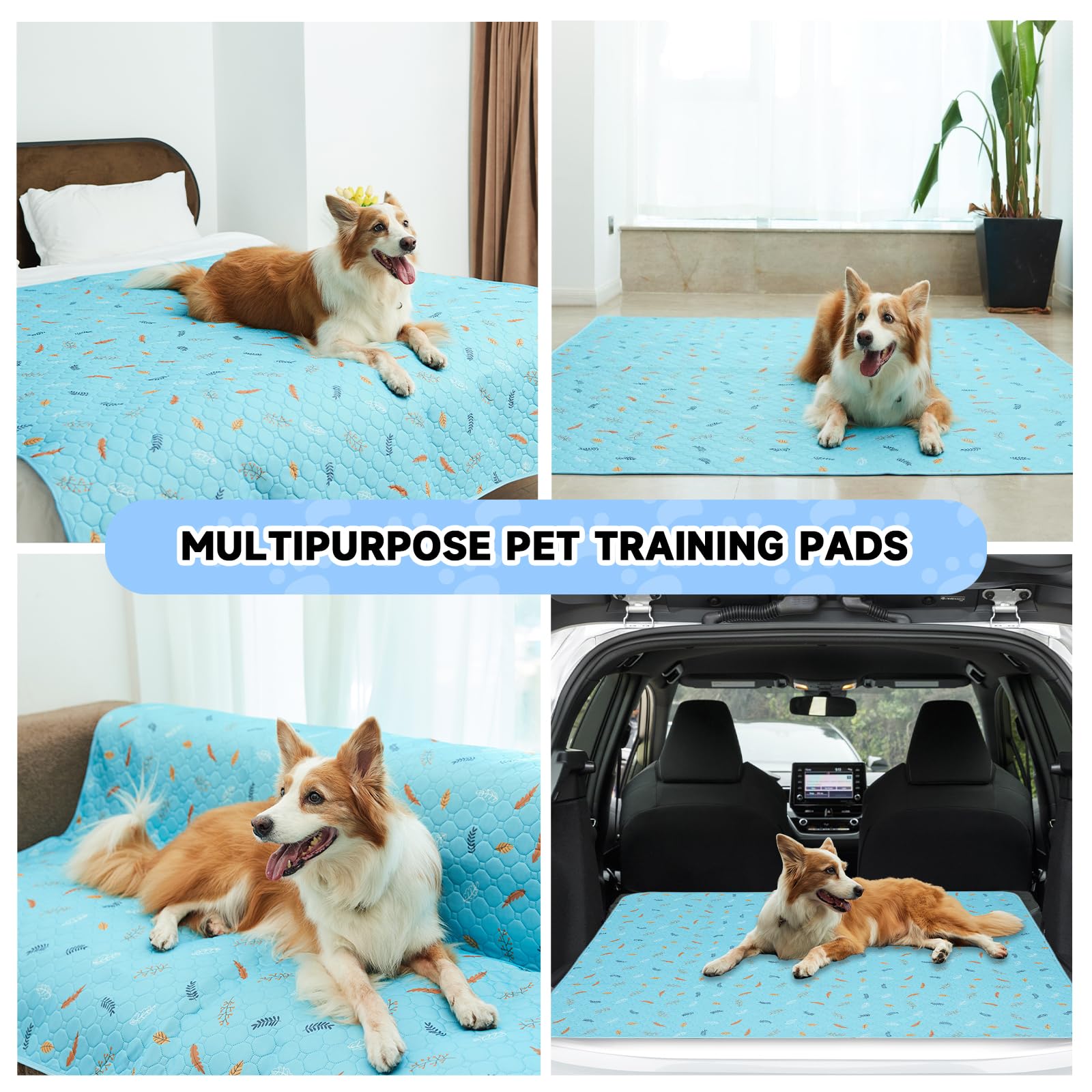 Sunheir washable dog pee pad detail showing the leaves pattern in sky blue