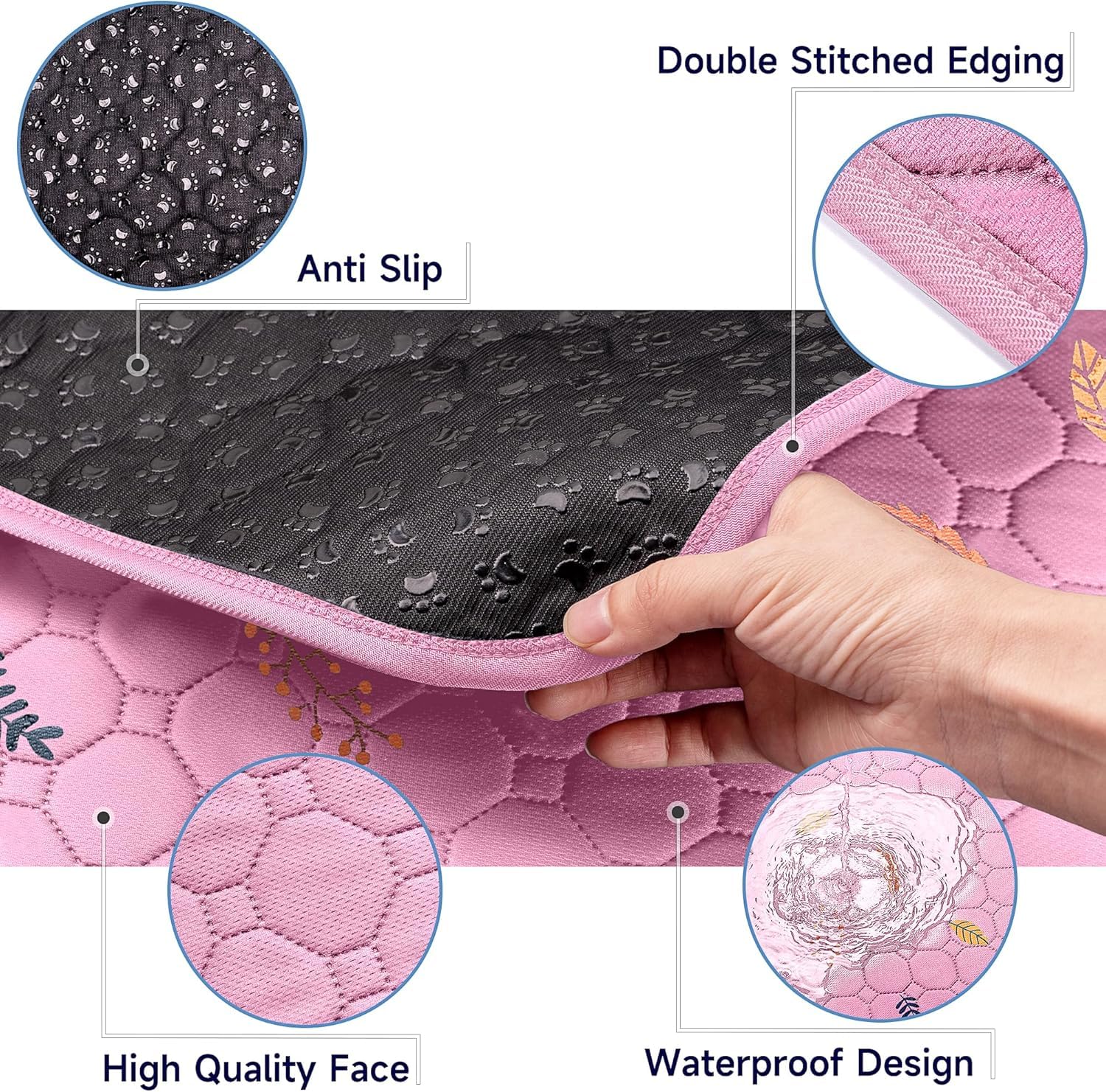 Sunheir washable pet pee pads displayed in the pink leaves pattern.