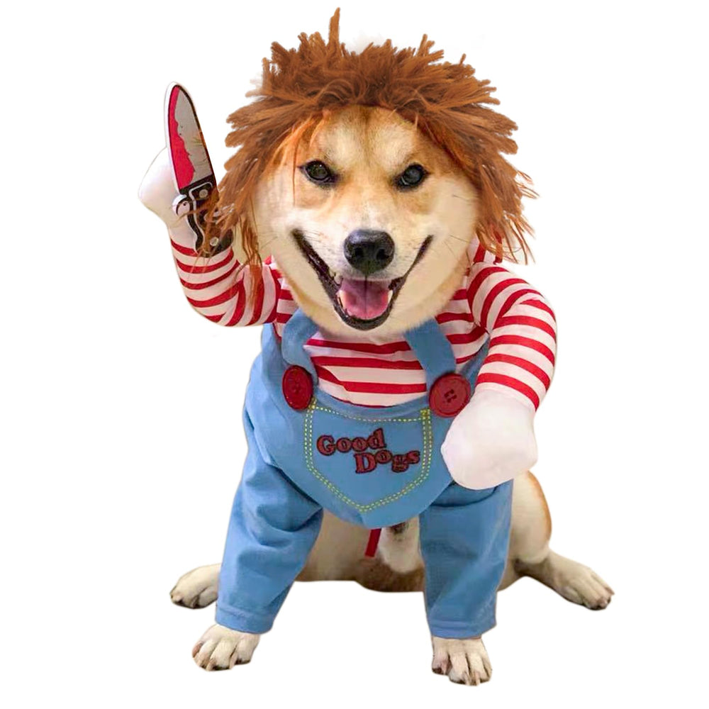 SunnyLisa Chucky dog costume shown from the front with its outfit and costume details.