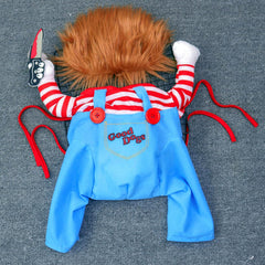 SunnyLisa Chucky dog costume components shown together, including the wig and felt knife.