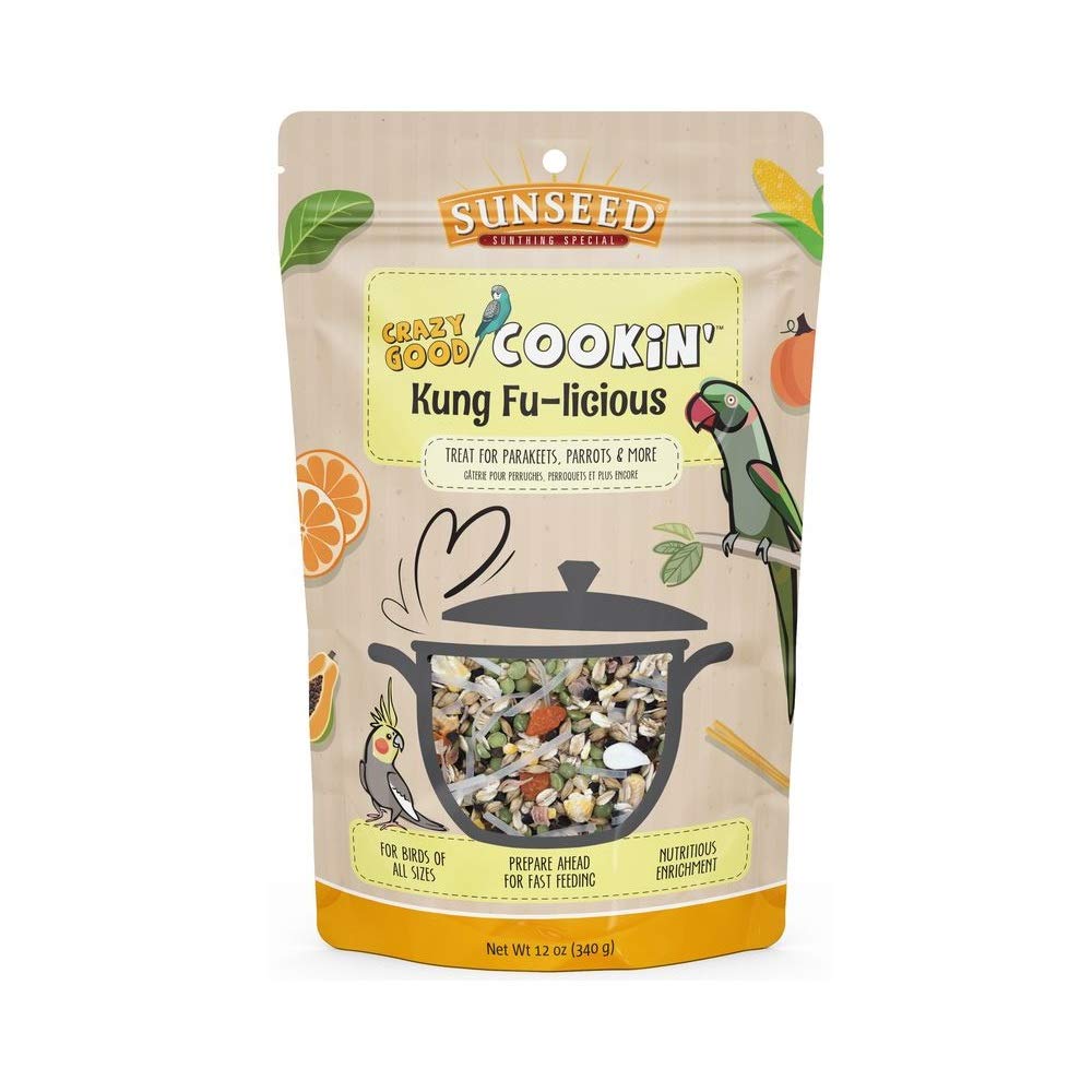 Sunseed Kung Fu-Licious bird treat shown in its product packaging.