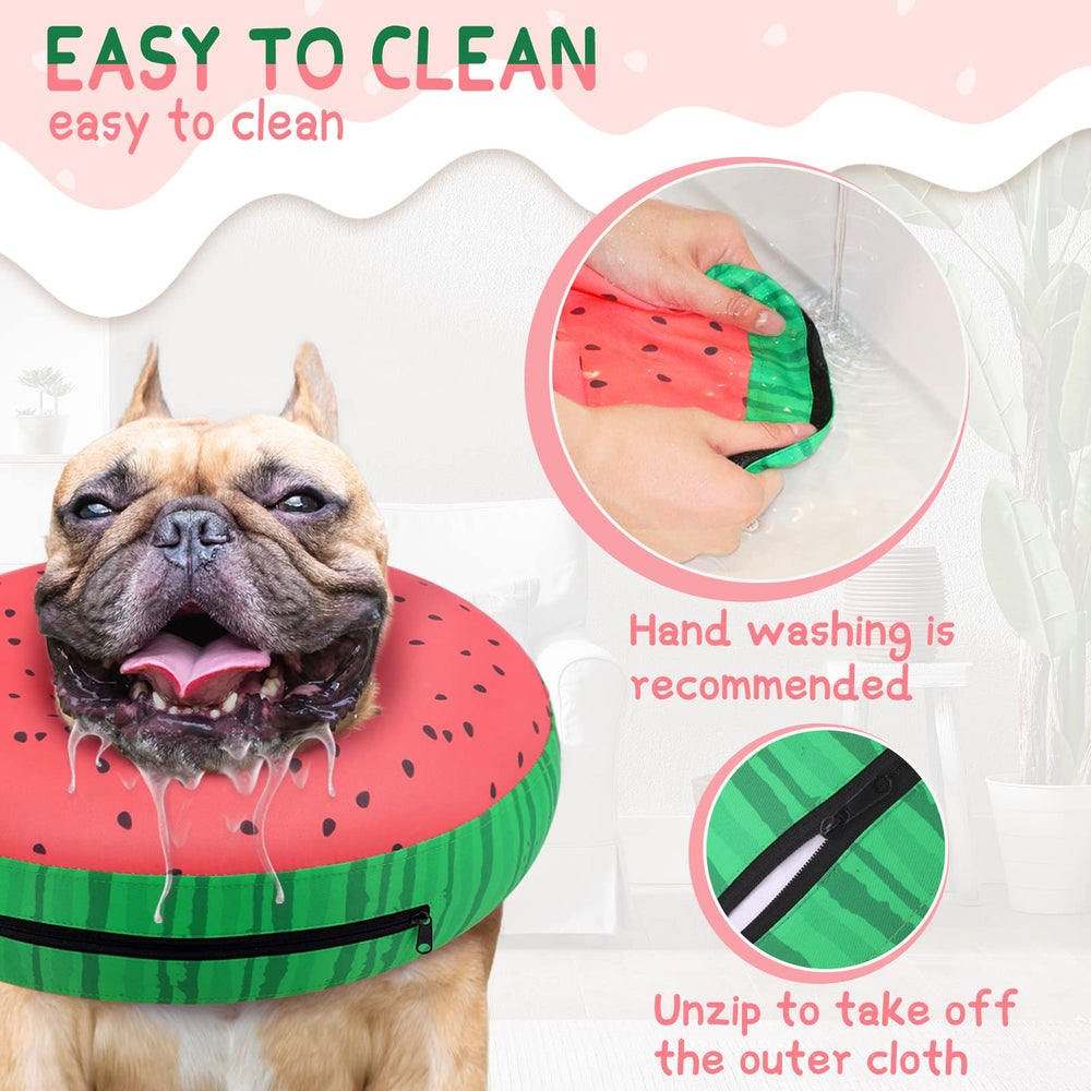 Supet inflatable dog recovery collar worn around a dog's neck during recovery.