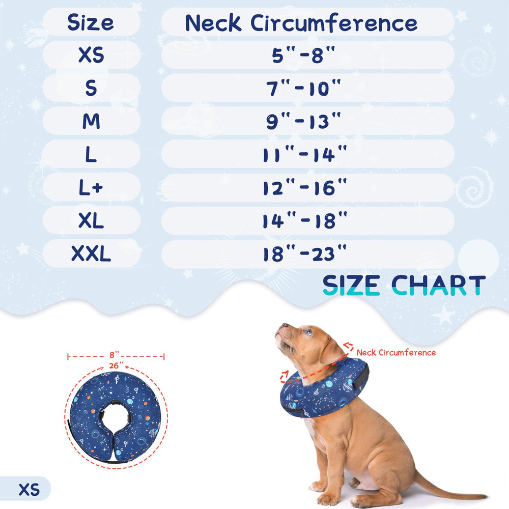 Supet inflatable dog cone collar shown worn by a pet.