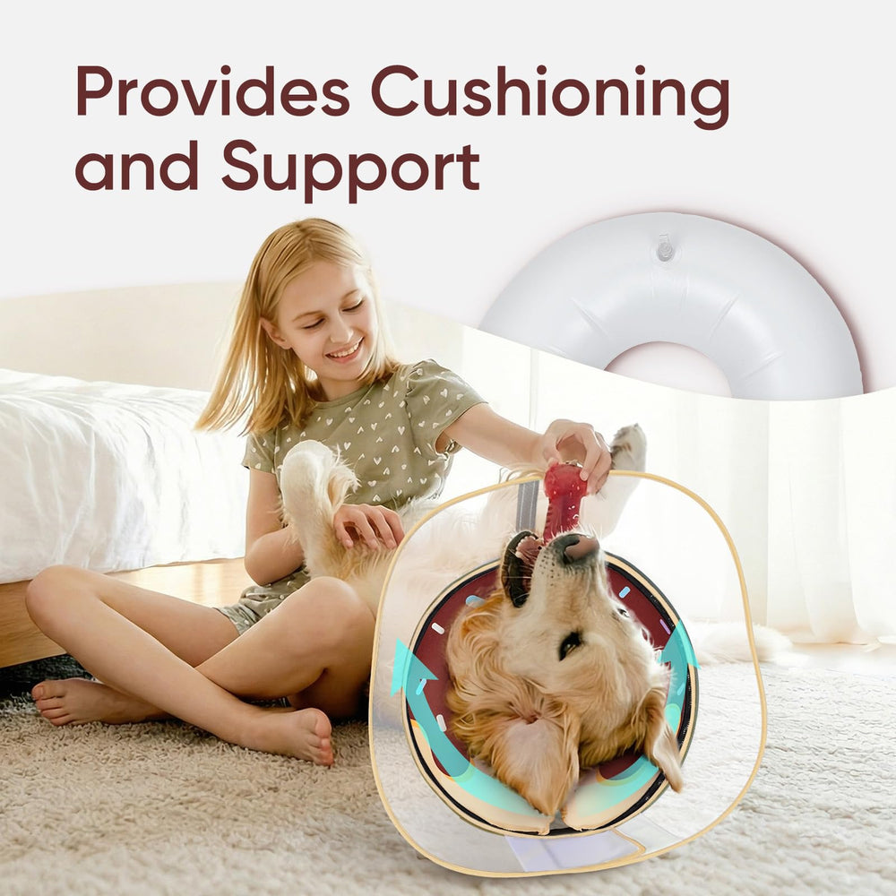 Supet inflatable dog cone with its removable protective shield attached.