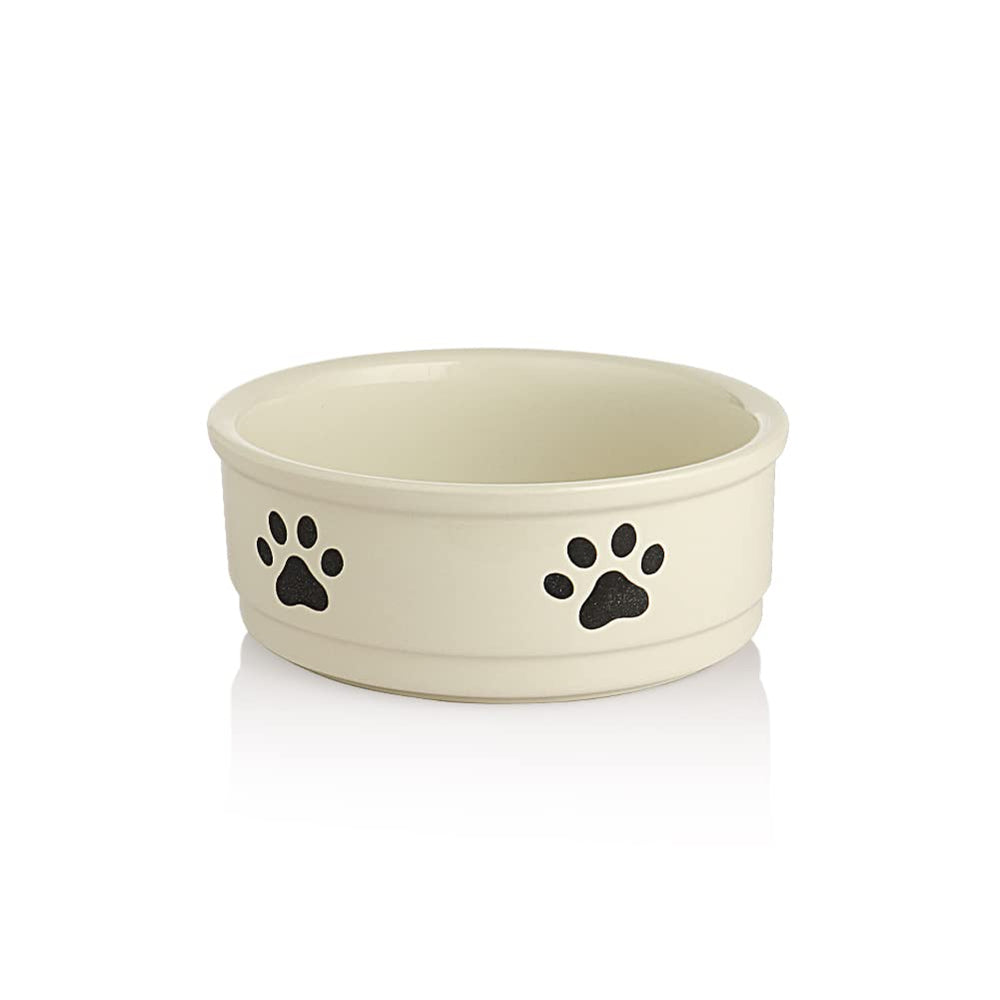 Sweejar ceramic dog bowl shown from the front in beige with its paw pattern.
