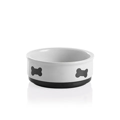Sweejar Home ceramic dog bowl shown from the front in white with its bone pattern.