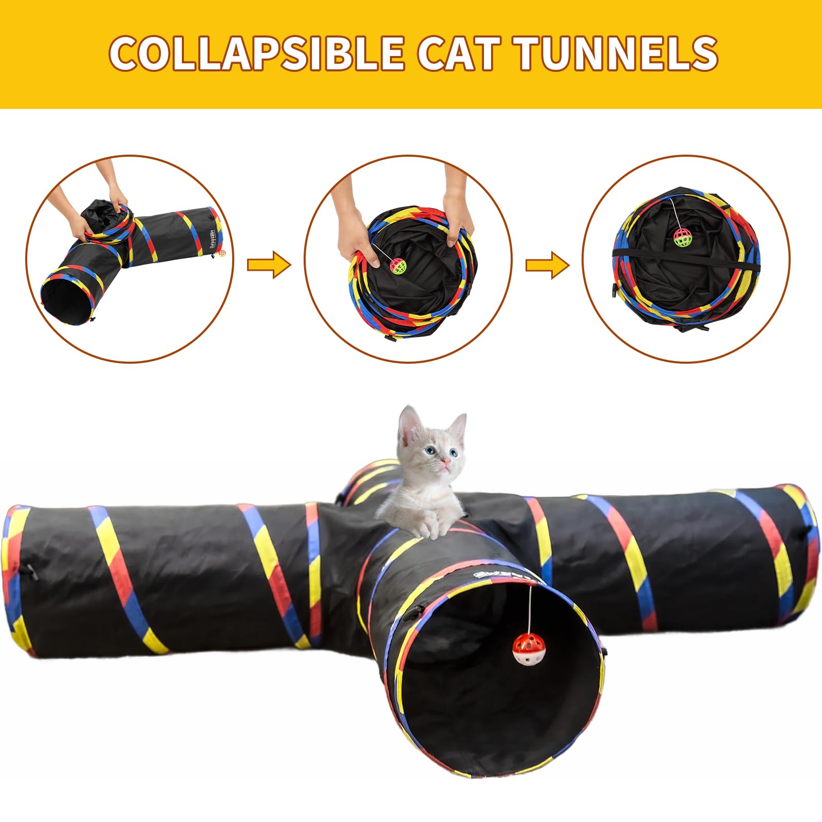 SweetBin cat tunnel pictured with the included bell ball.