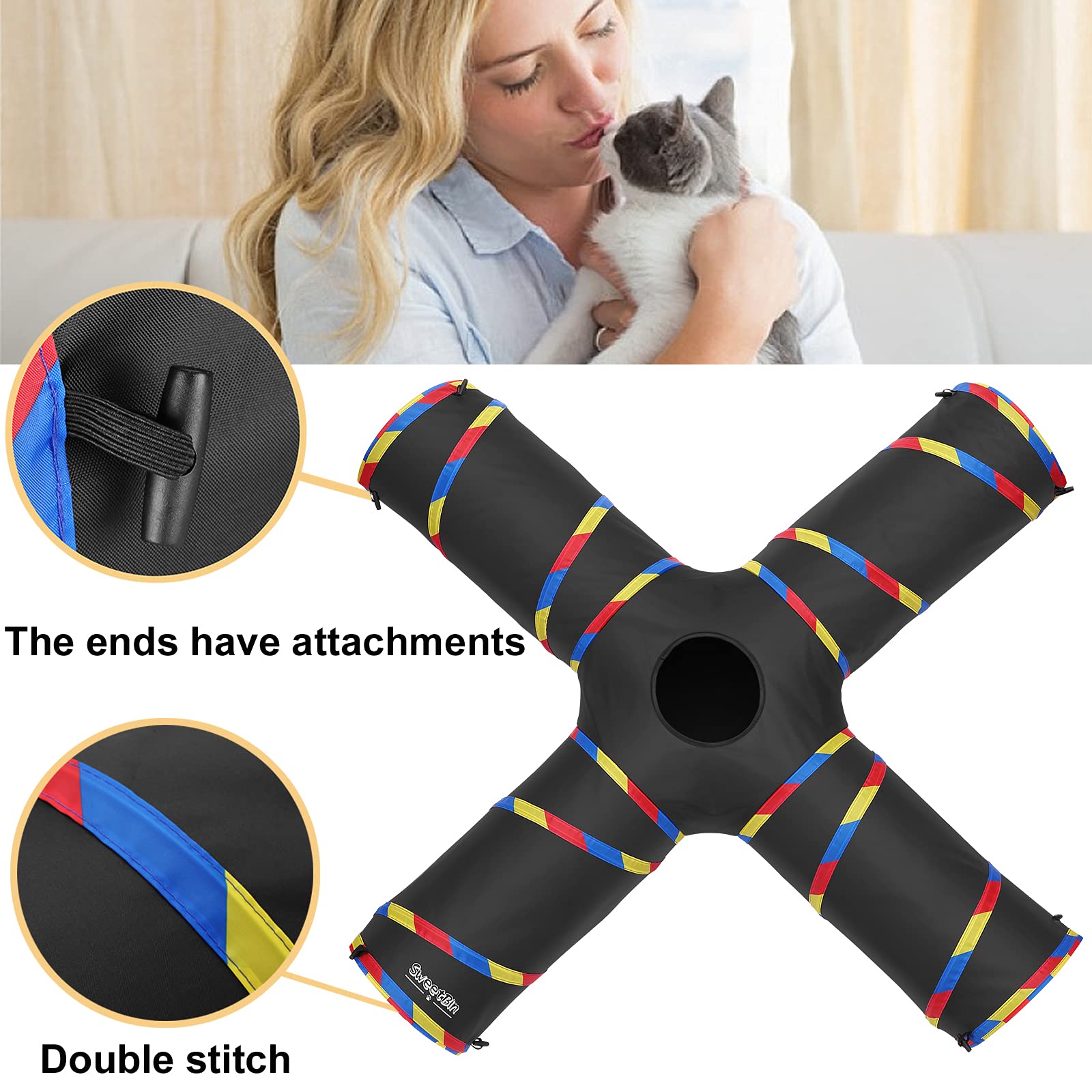 SweetBin cat tunnel pictured with the included mouse toy.