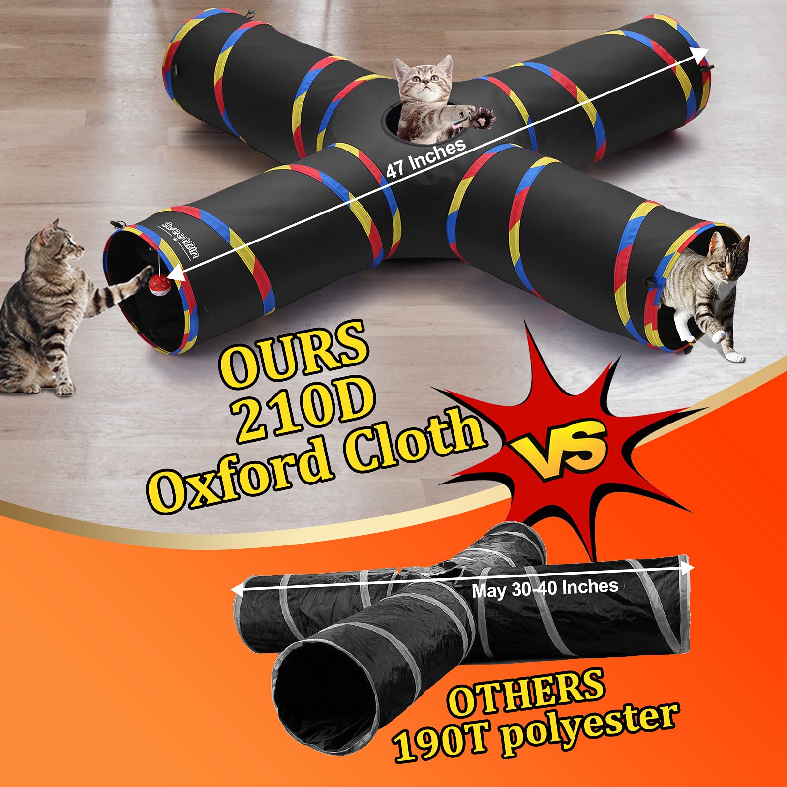 SweetBin cat tunnel close-up showing the 210D Oxford fabric.