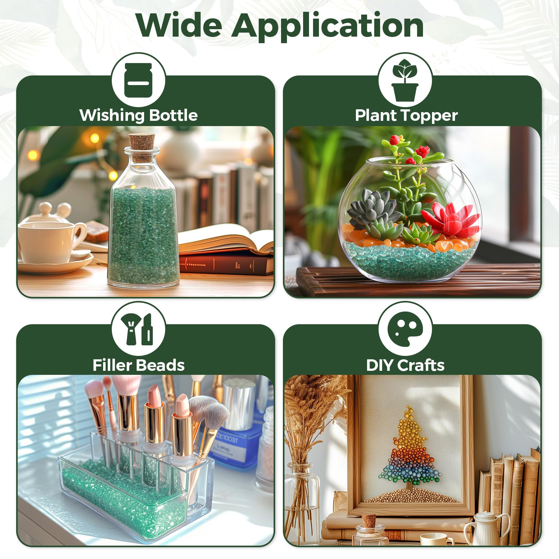 T4U green glass aquarium pebbles used as makeup brush storage filler.