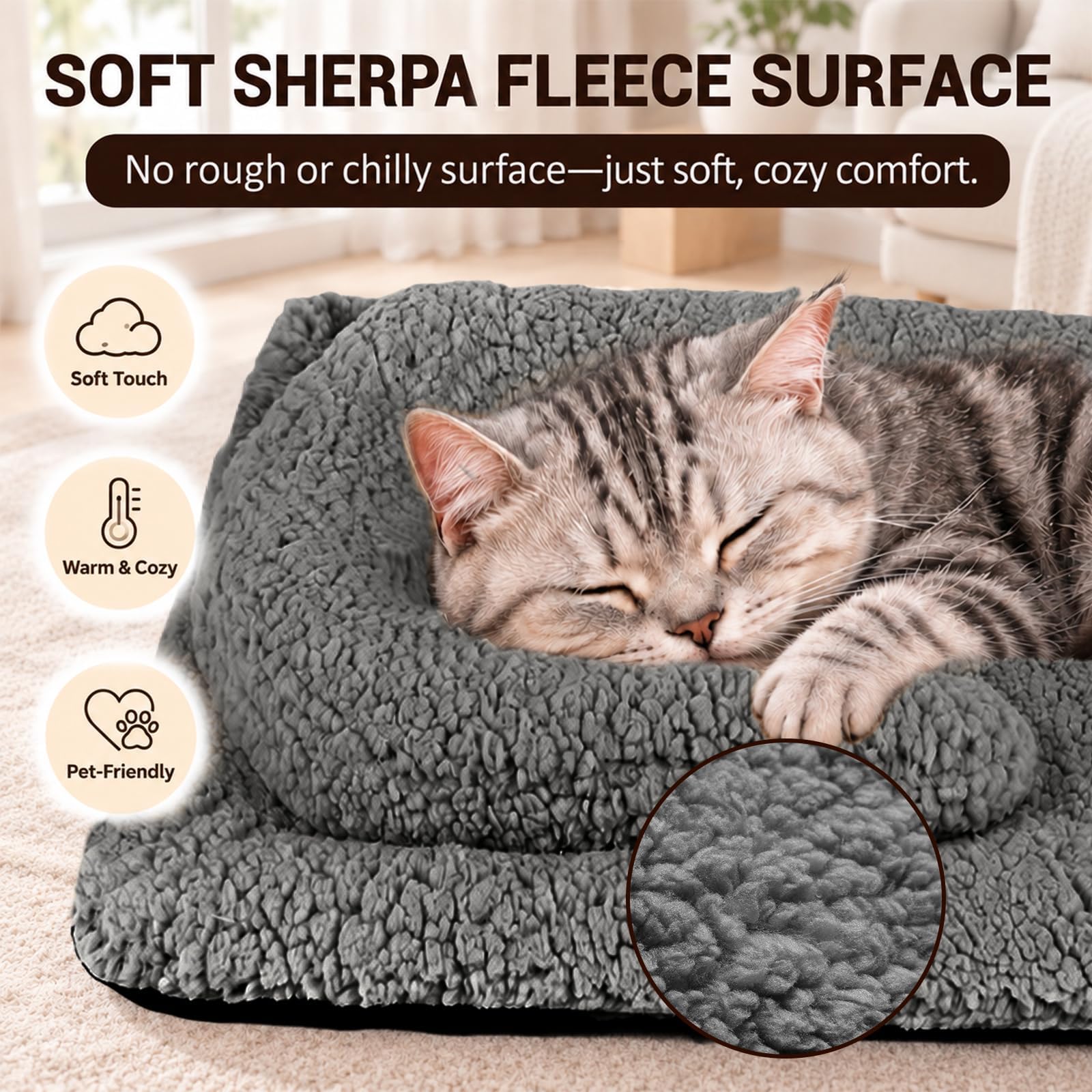 A cat curled up on the TailTastic self-warming cat bed.